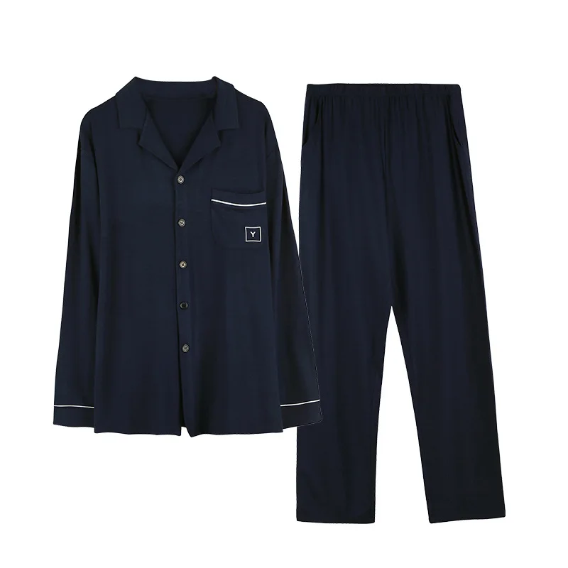 

Men's Turn Down Collar Sleepwear Plus Size Lapels Cardigan Long Sleeve Pants Pajamas Simple Modal Homewear Suit