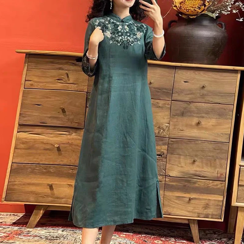 Vintage Chinese Ethnic Style Embroidery Elegant Dresses for Women 2024 Summer Stand Collar Half Sleeve Loose Cotton Linen Dress