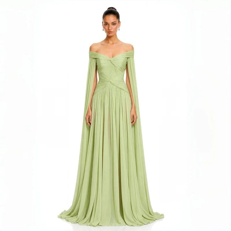 Off Shoulder Cape Sleeve Long Evening Dress Elegant Cold Shoulder Flowy Sleeve Formal Party Prom Dress Luxury Arabic EID Gala
