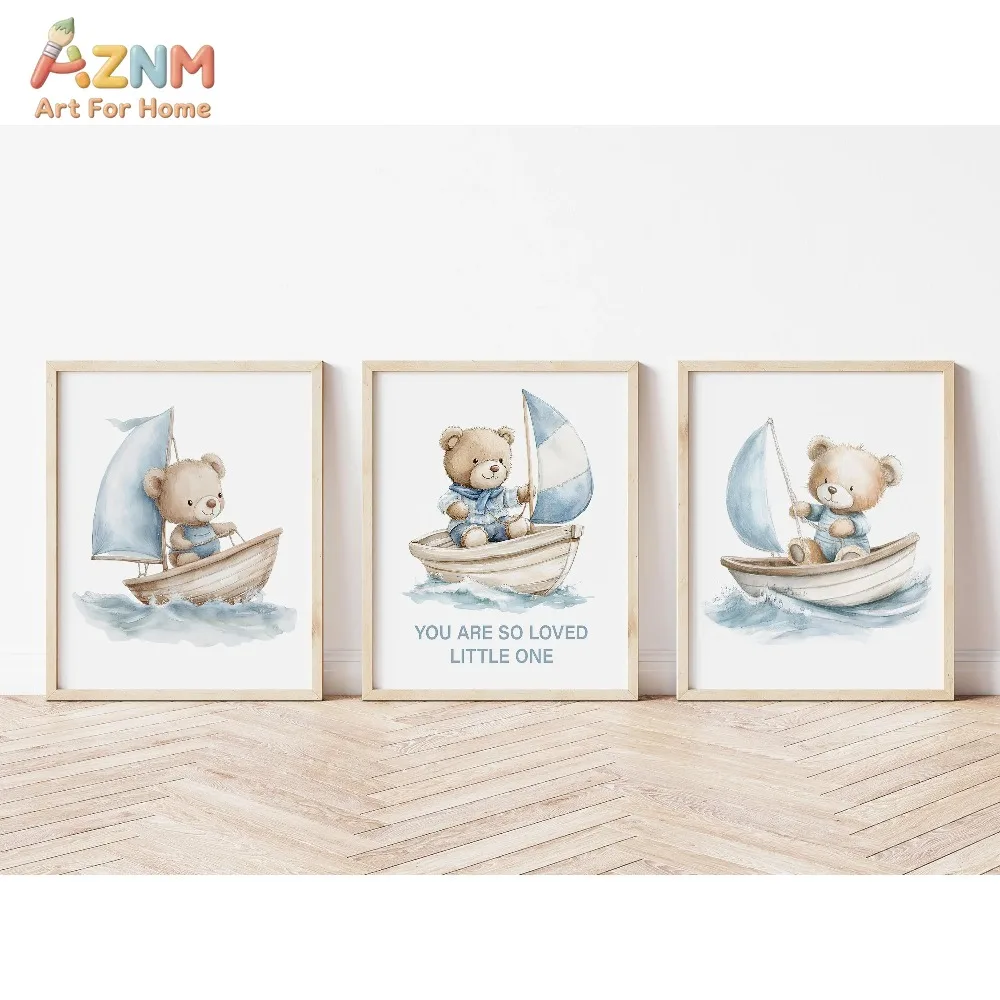 AZNM 3Pcs Nautical Teddy Bear Canvas Wall Art, Watercolor Sailboat You Are So Loved Print Frameless Canvas Painting, Soft