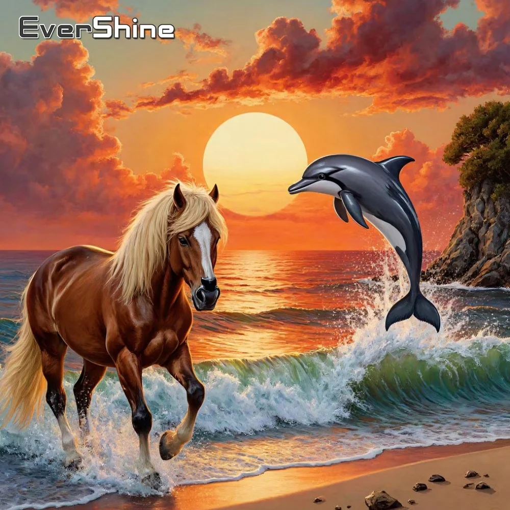 Evershine Animal Diamond Painting Horse Full Square Round Mosaic Dolphin 5D DIY Rhinestones Embroidery Sunset Handmade Hobby