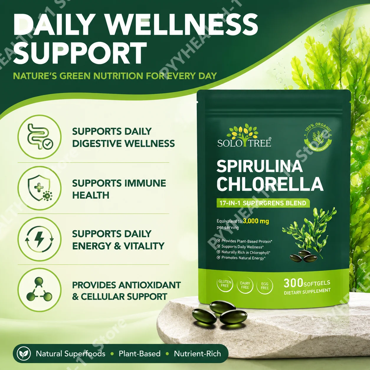 SOLOTREE Spirulina Chlorella softgels,anti-fatigue,provides energy,supports prostate health,enhances immunity,for adults,300 pcs