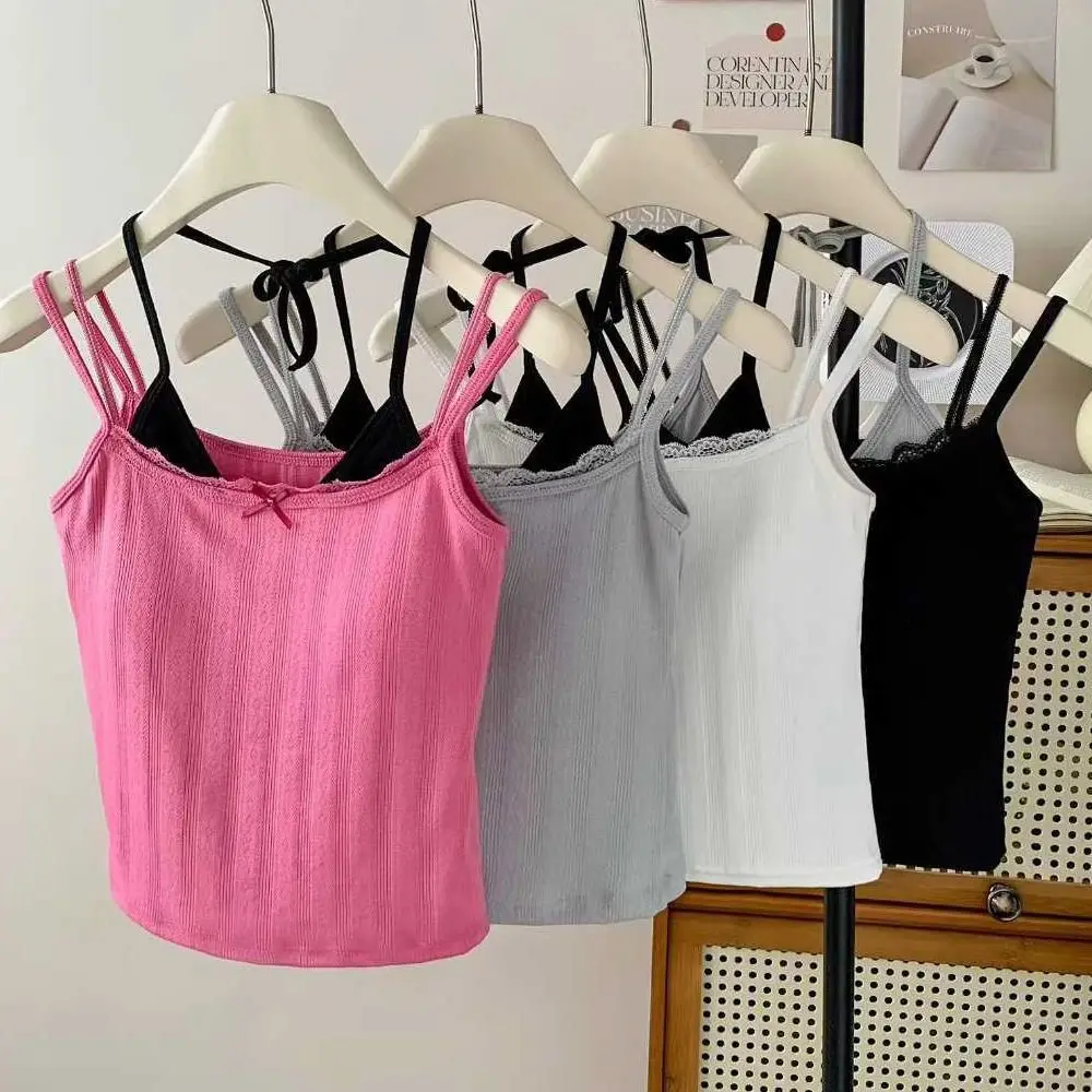 Sweet Sleeveless Lace Trim Camisole Underwear With Padded Cups Suspender Vest Slim Camisole Sports Activities