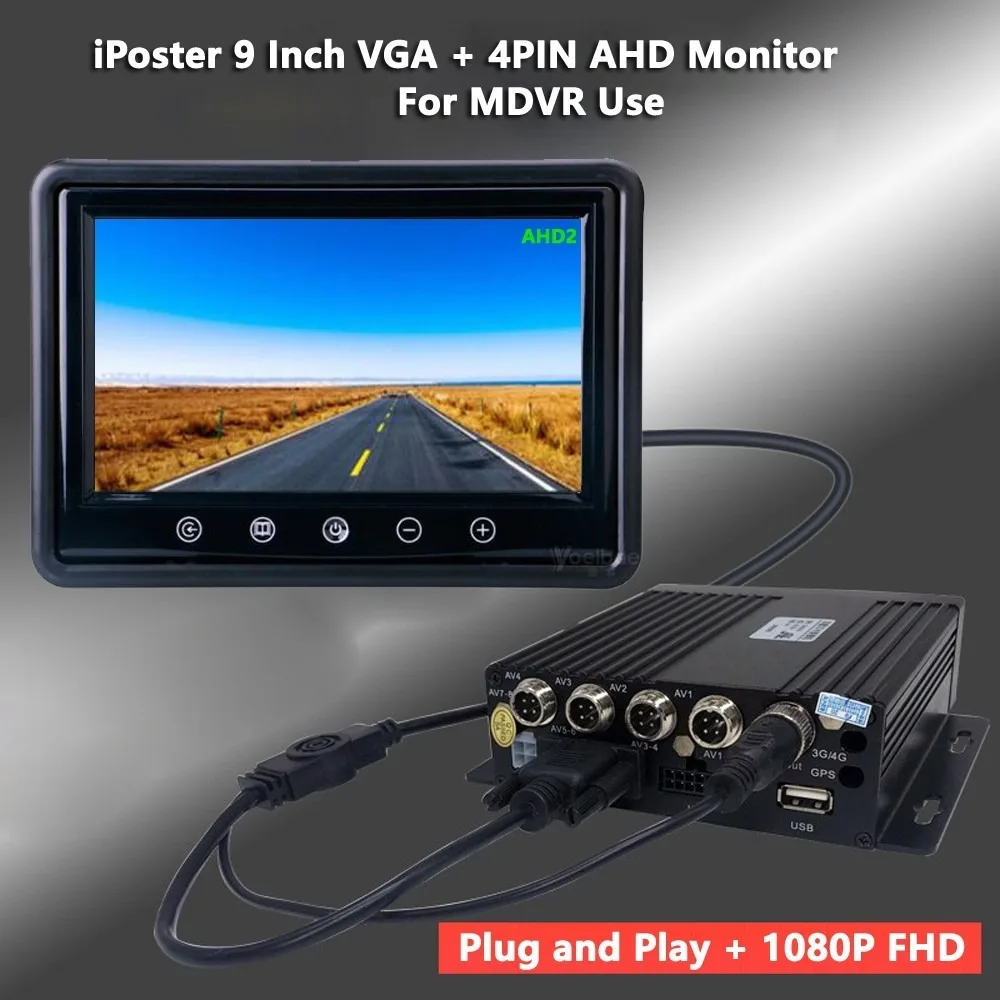 شاشة iPoster 7/9/10.1 بوصة IPS شاشة AHD 1080P / 720P متوافقة مع موصل VGA و4PIN للطيران أنثى لـ MDVR والكاميرات