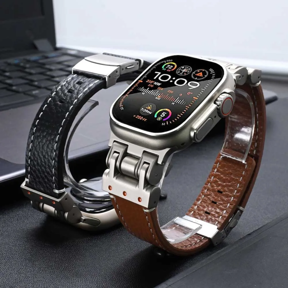 

Ремешок из натуральной кожи для Apple Watch Ultra 2 49 мм 45 мм 42 мм 44 мм, мужской браслет для iWatch Series 9 7 8 6 5 4 SE 3