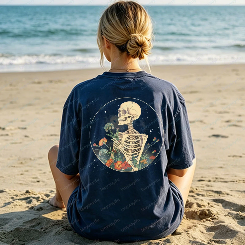Skeleton with Flowers Design Unisex Cotton Tshirt Summer Vintage Classic Gothic Fashion Streetwear Casual Wear for Men and Women