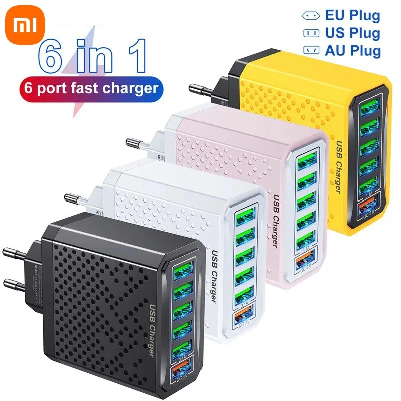 XIAOMI 6 In 1 USB Charger QC3.0 Fast Charging Quick Charger For Samsung S23 Xiaomi Mobile Phone Charge Adapter EU/KR/US/UK Plug