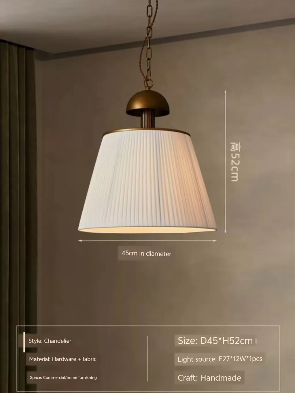 Zen style pleated fabric pendant lamp, bedside pendant lamp in the master bedroom, single head pendant lamp in the guesthouse