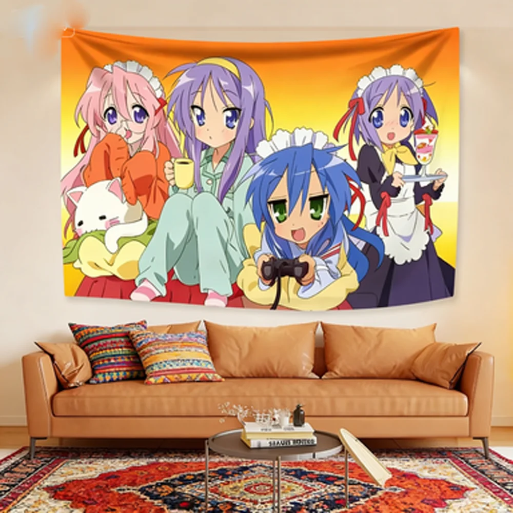 Lucky Star Full Cast Tapestry Otaku Kawaii Design Perfect for Girly Decor Bedroom Wall Styling and Photo Backdrops