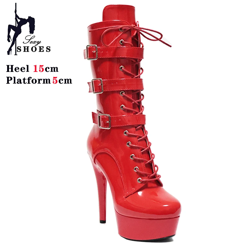 Heels Women 15CM/6Inch High Heels Belt Buckle Platform Sexy Runway Ankle Boots Lace-up Nightclub Knight Sexy Pole Dancing Black