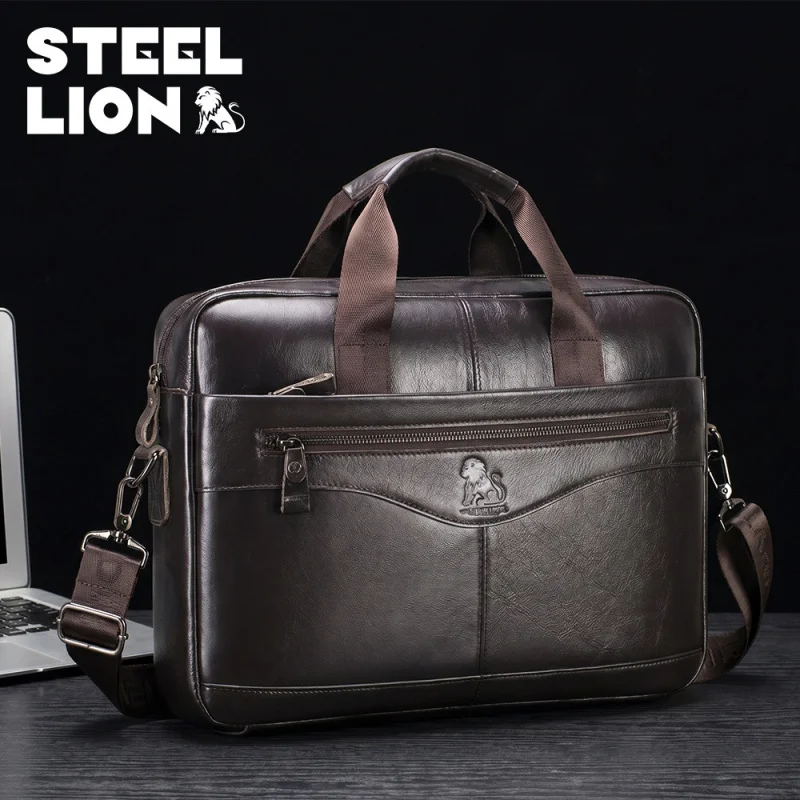 Genuine leather men's briefcase with double front pockets, large capacity computer bag, diagonal cross handbag crossbody bags