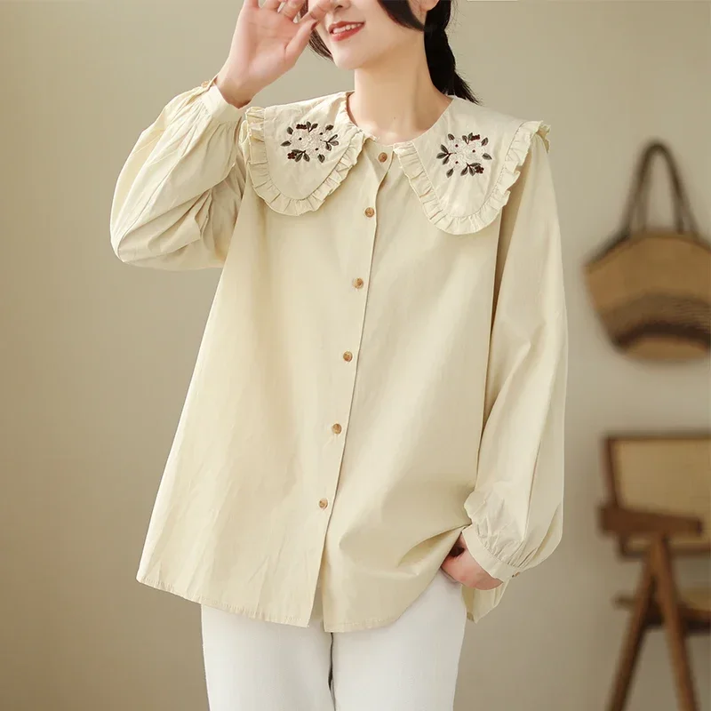 2023 New Spring Fashion Sweet Style Embroidery Floral Shirts For Women Lantern Sleeved Doll Neck Loose Vintage Blouse Female Top