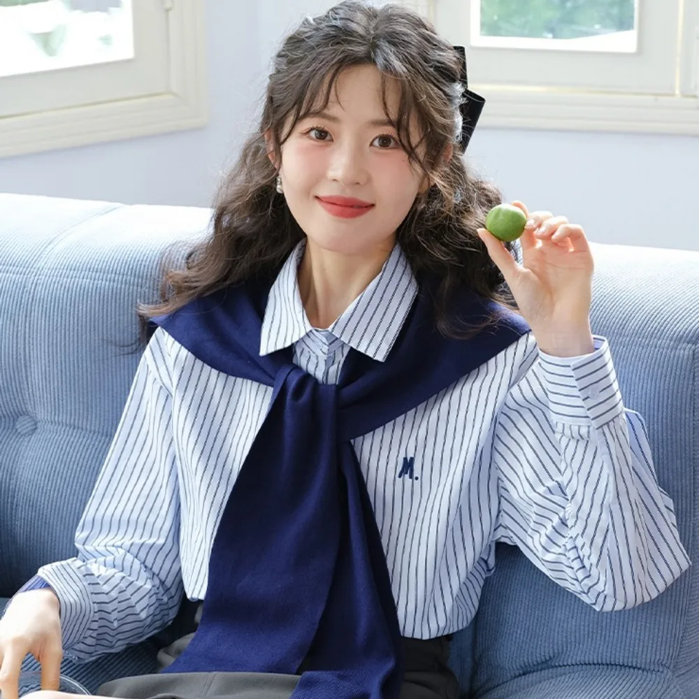 

Y2K Striped Shirts Women Preppy Style Button Up Two Pieces Set Blouse Loose Embroidery Letter Knitted Shawl Blouse Girls