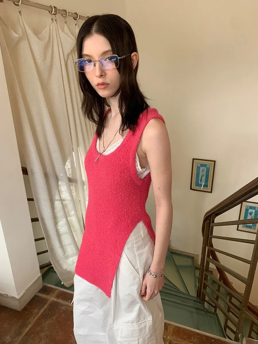 

Женский приталенный вязаный жилет DKZ средней длины с разрезом и U-образным вырезом, весна-лето, универсальный, простой, из полиэфирного волокна, 100% полиэстер