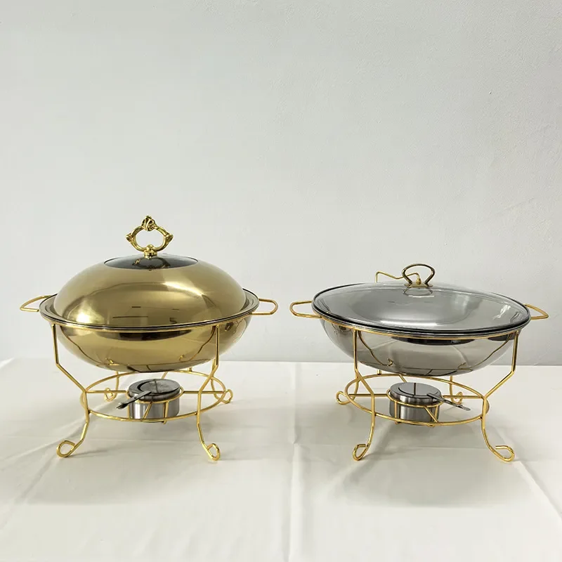 9L Wrought Iron Buffet Warmer Stand Golden Wire Frame Food Heating Chafing Dish for Hotel Restaurant Catering Alcohol Fuel