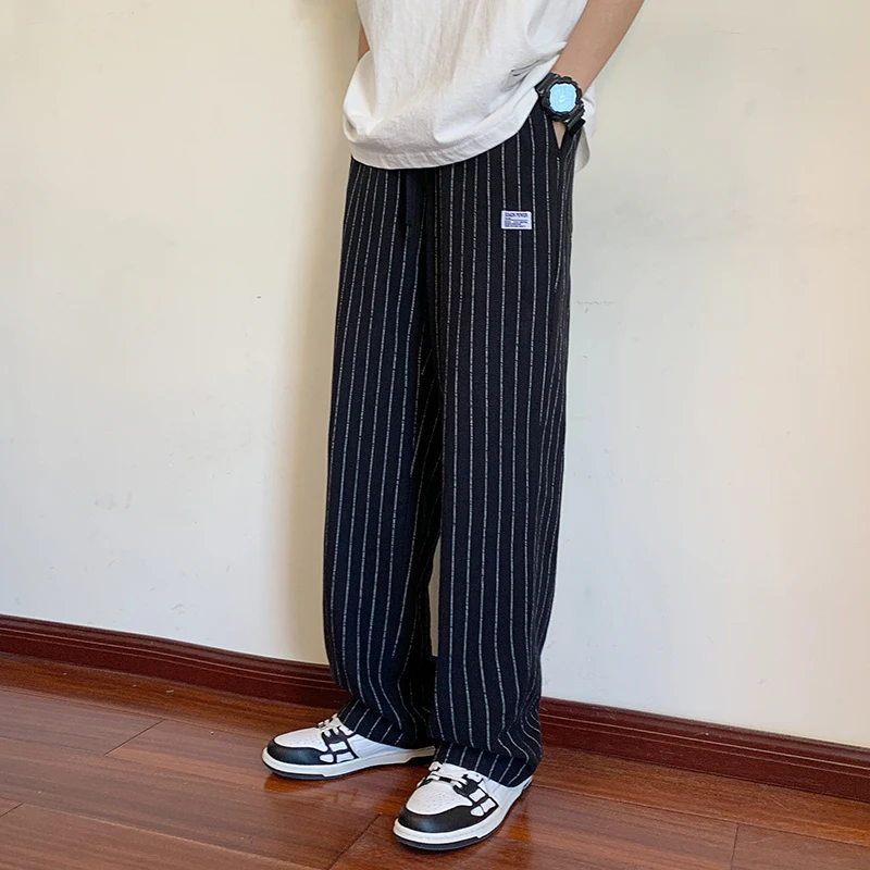 

Мужские летние повседневные брюки в японском стиле с полосками, тонкие, свободные, прямого кроя, длиной в пол, из хлопка и льна, дышащие, прохладные