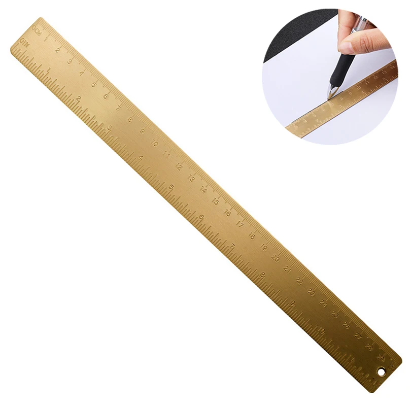 30cm / 11.81in Brass Vintage Straight Ruler for Line Drawing, Metal Copper Measuring Tool for Woodworking