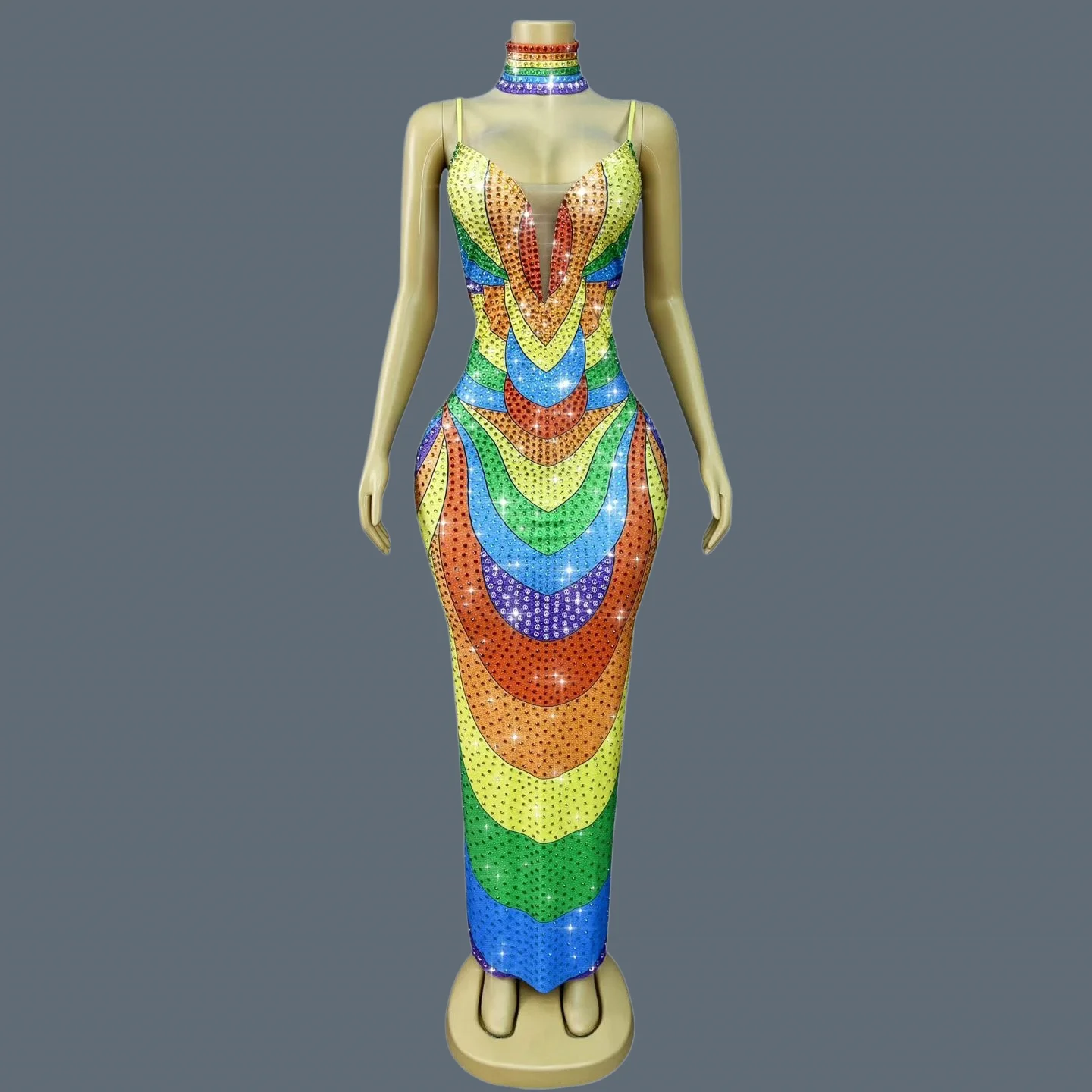 

Colorful Spandex Elastic Tight Fitting Deep V Neck Evening Dress Fashion Women Sexy Nightclub Party Stage Show Outfit Liuseguang