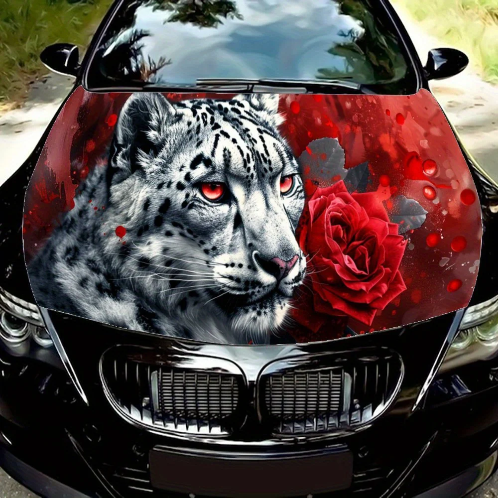 

Red Rose and White Leopard Car Hood Decal,Self-Adhesive PVC hood Sticker Decor Scratch Resistant Sticker Protect,Auto Accessorie