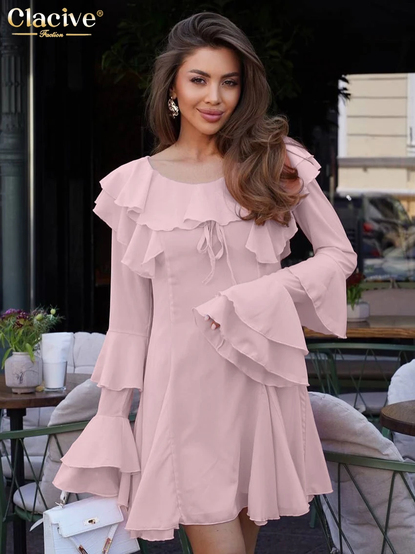 

Clacive Fashion Loose Pink Dresses For Women Spring O-Neck Long Sleeve Mini Dresses Lady Elegant Classic Ruffles Female Dress