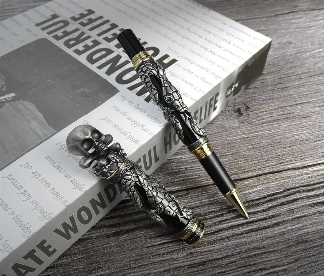 For Jinhao Metal Vintage Rollerball Pen - Skull Skeleton Design, Unique Pen Cap, Heavy, Ancient Gray, Collection/Office/Gift Pen
