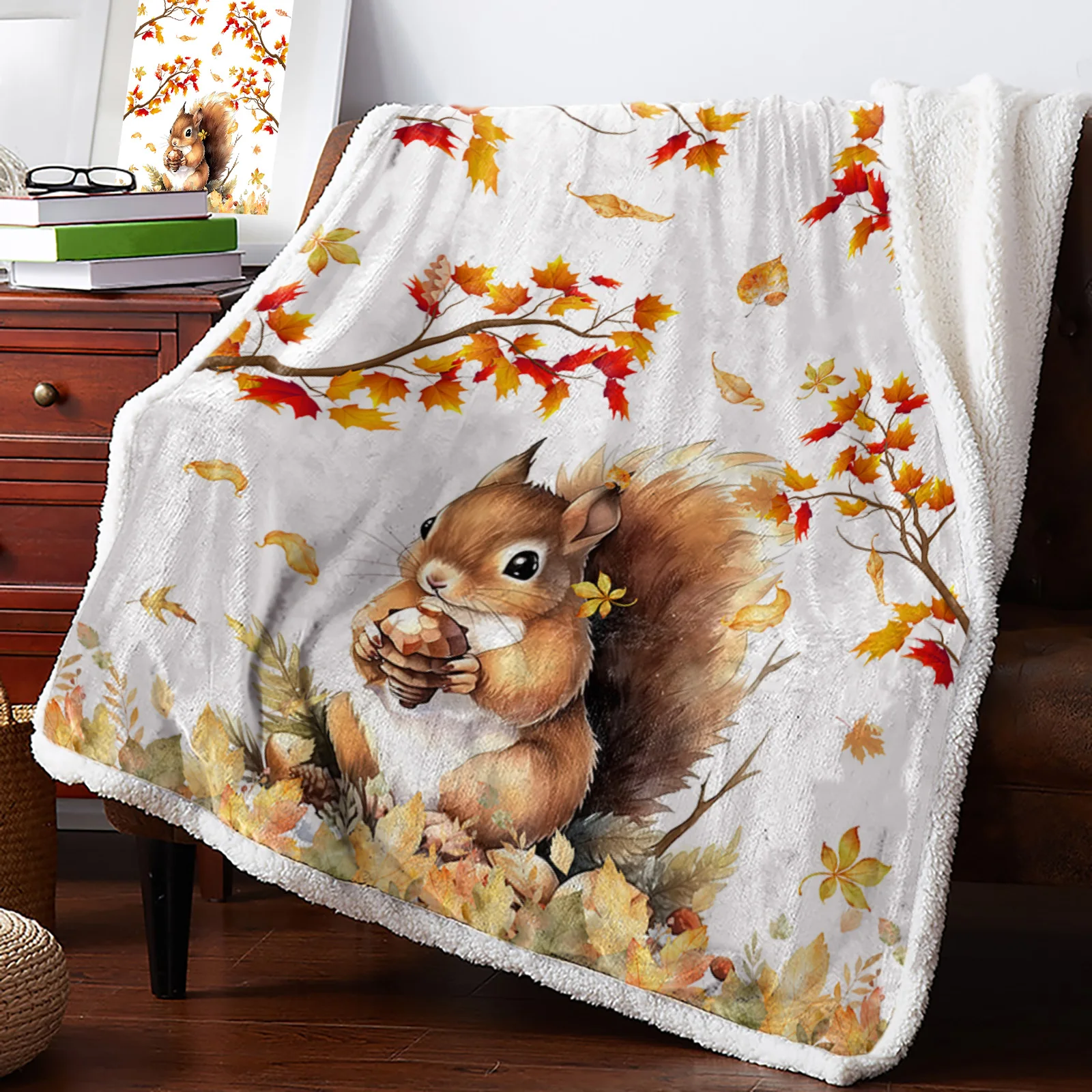 

Fall Squirrel Maple Leaf Blankets Winter Warm Cashmere Blanket Office Sofa Soft Throw Blanket Kids Bed Bedspread