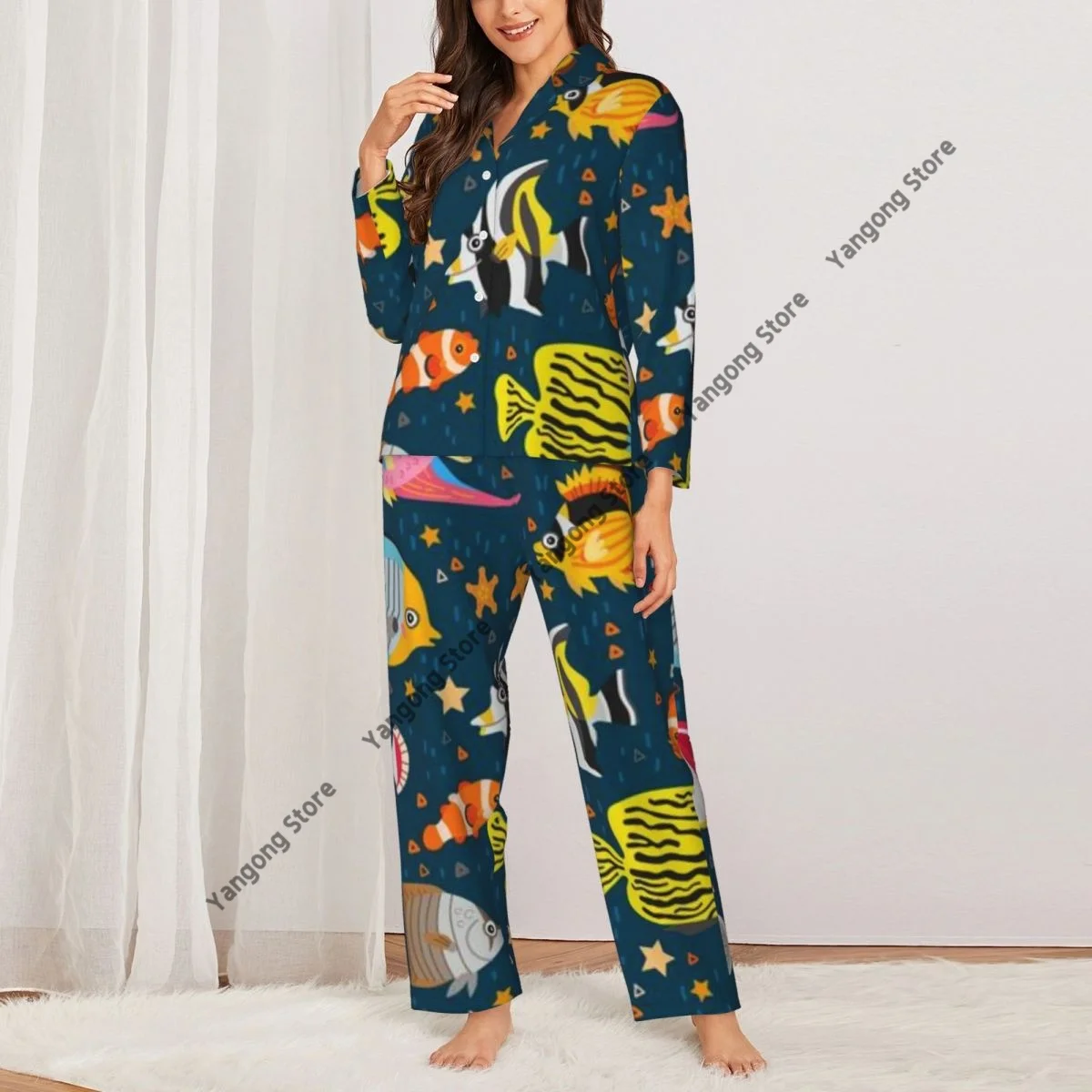 Women Sleepwear Pajamas Exotic Tropical Fishes Long Sleeve Pijama Female Set Negligee Cardigan Suit