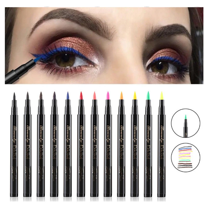 12-kleuren vloeibare eyeliner potlood waterdichte kleurrijke eyeliner pen hoogtepunt neon kleurrijke langdurige ogen make-up cosmetische