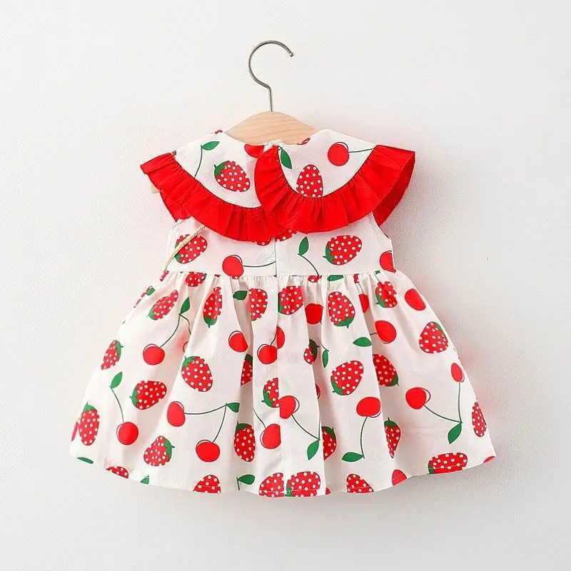 2024 Summer Newborn Dress Fashion Print Doll Collar Cute Princess Beach Flowers Dresses+Bag Little Girls Heart Plaid Clothing