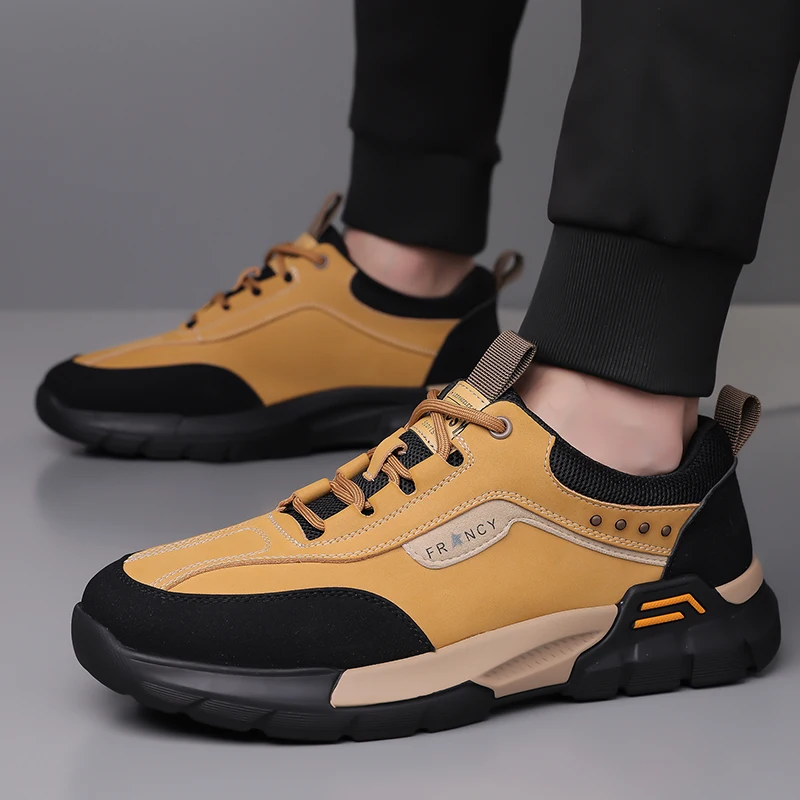 Men  Leather Casual Sneakers Shoes Autumn Winter Wide Toe Non‑Slip Rubber Sole Outdoor Walking Sneakers 39‑48 Black Gray Yellow
