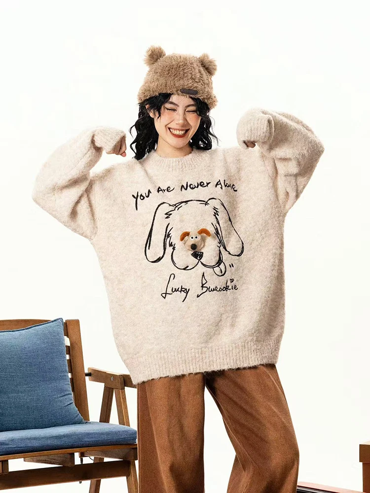 

Cute Puppy Knitted Sweater for Women Korean Thick Warm Long Sleeve Knit Pullover Y2K Korean Loose Preppy All Match Jumpers Mujer