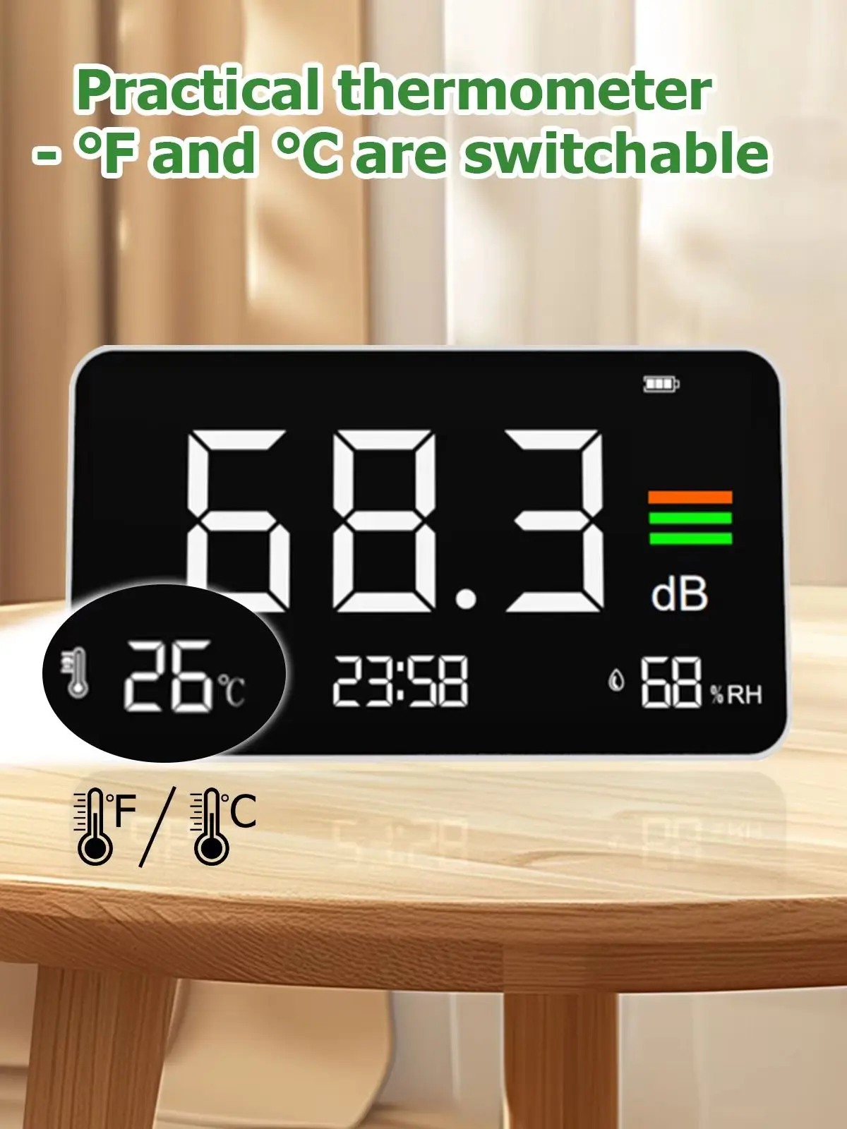 Decibel Noise Meter 30-130dB with Temperature Humidity Monitor LED Display Bar Graph for Home Office Classroom