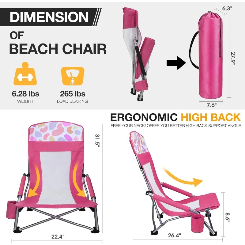 2-Pack High Back Beach Chairs, Mesh Back Folding Chair, Lightweight Low Seat Camping Chairs with Cup Holder, Carry Bag