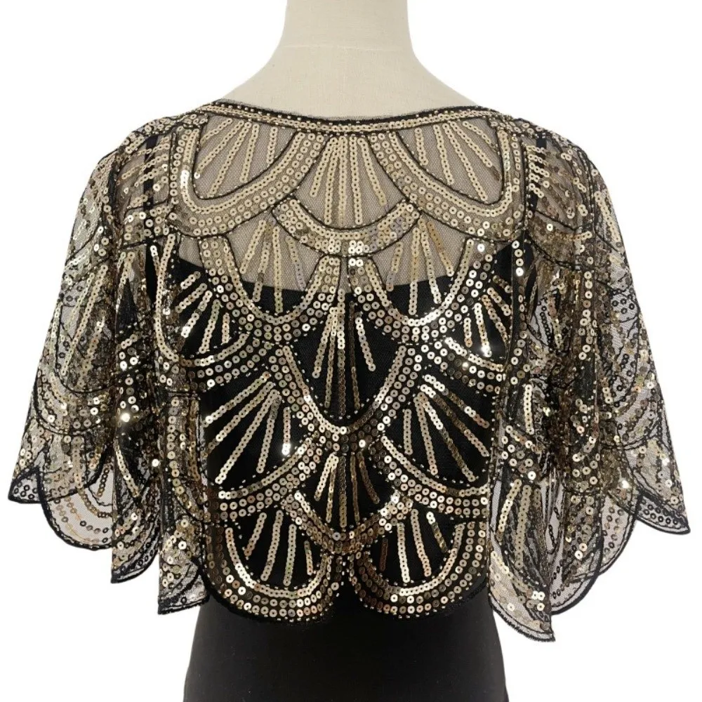 Shiny Ruffle Sequins Poncho Coat Mesh 1920s Theme Sequins Shawls Multicolor Blingbling Short Cape Cheongsam