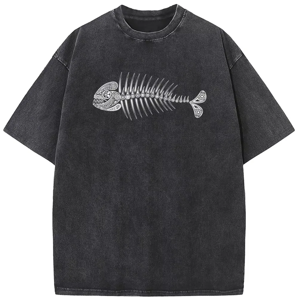 Vintage Washed Fish Bone Graphic T-Shirt Men Women Streetwear Retro Grunge Tee Unique Marine Skeleton Casual Short Sleeve Top