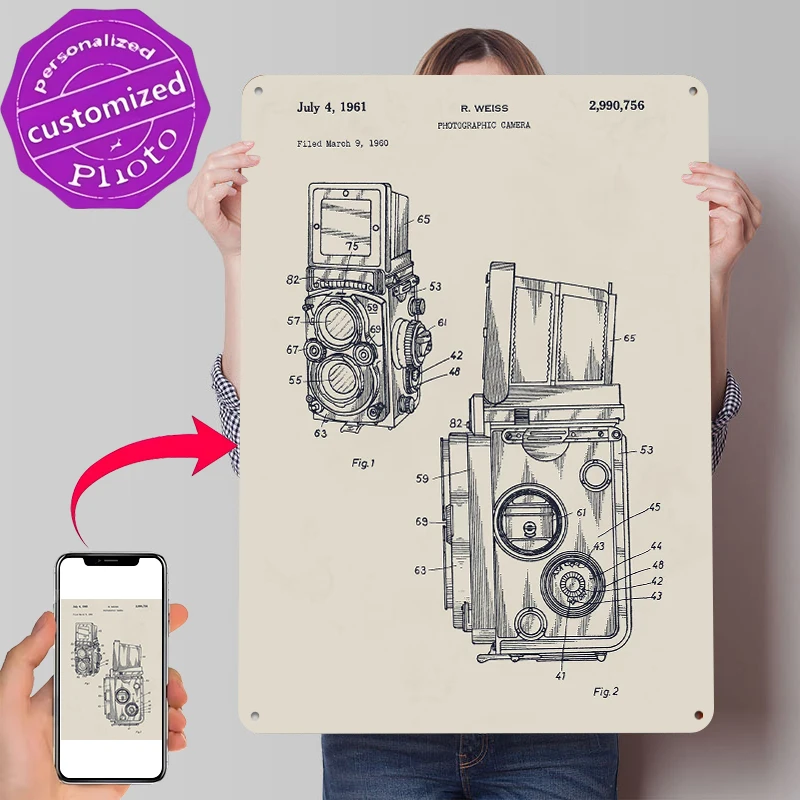 Rolleiflex Photographic Camera Patent Tinplate Poster Customized Wall Art Retro Vintage Metal Signs for Fans Bedroom Decoration