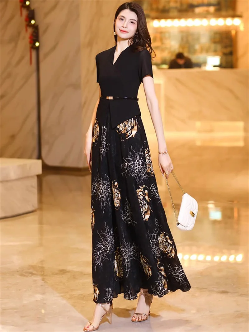 Elegant Summer Dress Short Sleeve High End fake Two-Piece Dress 2025 New  Fashion Print Slim Fit And Slimming To Ankle Long Skirt - AliExpress  200000345