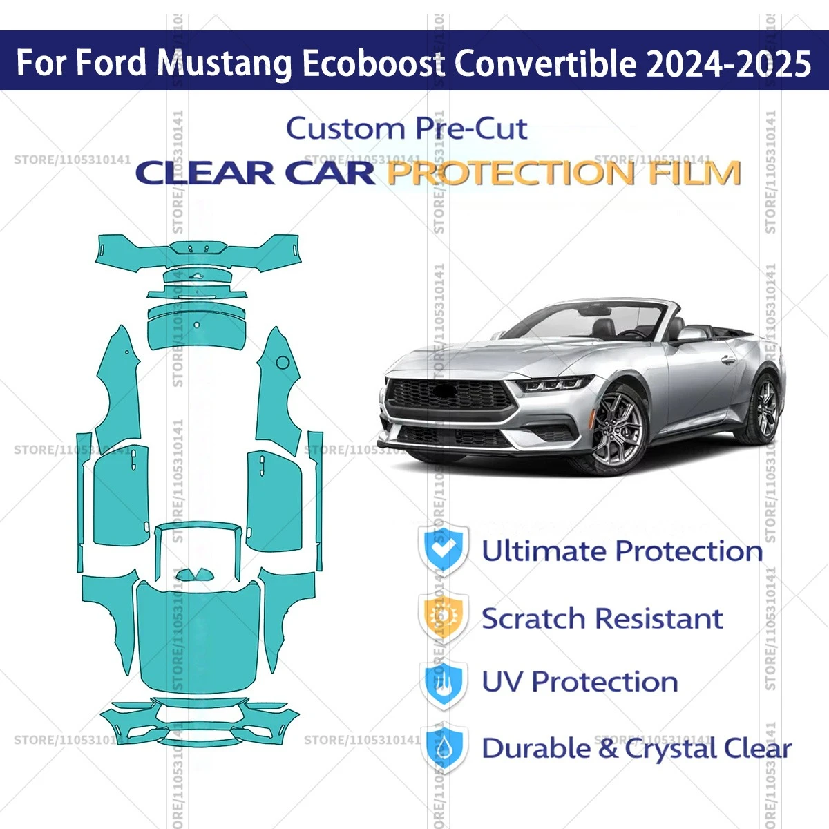 

Предварительно нарезанная прозрачная защитная пленка PPF для автомобилей, автомобильная пленка PPF для Ford Mustang Ecoboost Convertible 2024-2025