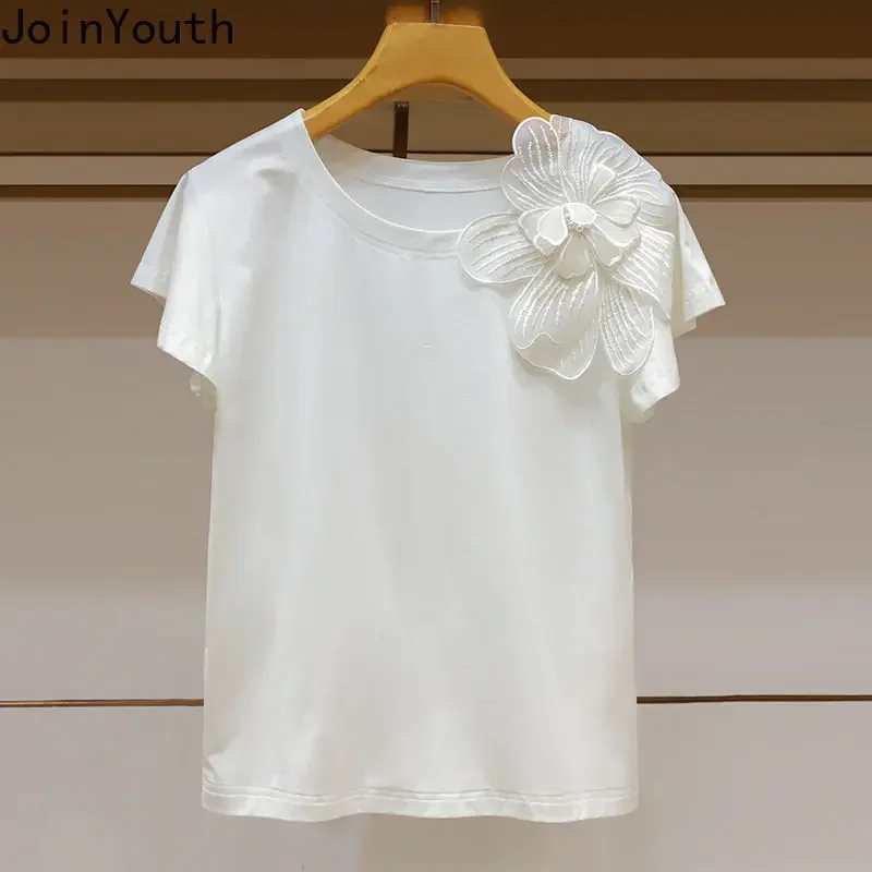 2024 Ropa Mujer Fashion T-shirts Women 3D Floral Loose Casual T Shirts O-neck Short Sleeve Tees Ruffles Sweet Summer Tshirt Tops