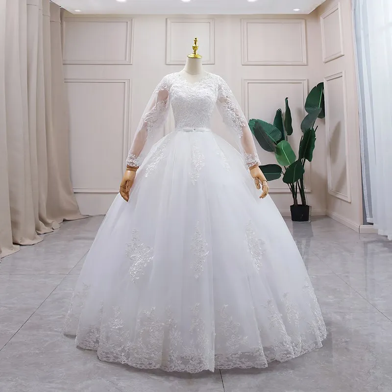 Abito da sposa bianco puro a maniche lunghe Abito da sposa in pizzo con scollo a V profondo Abito da ballo Abiti da sposa classici da principessa personalizzati