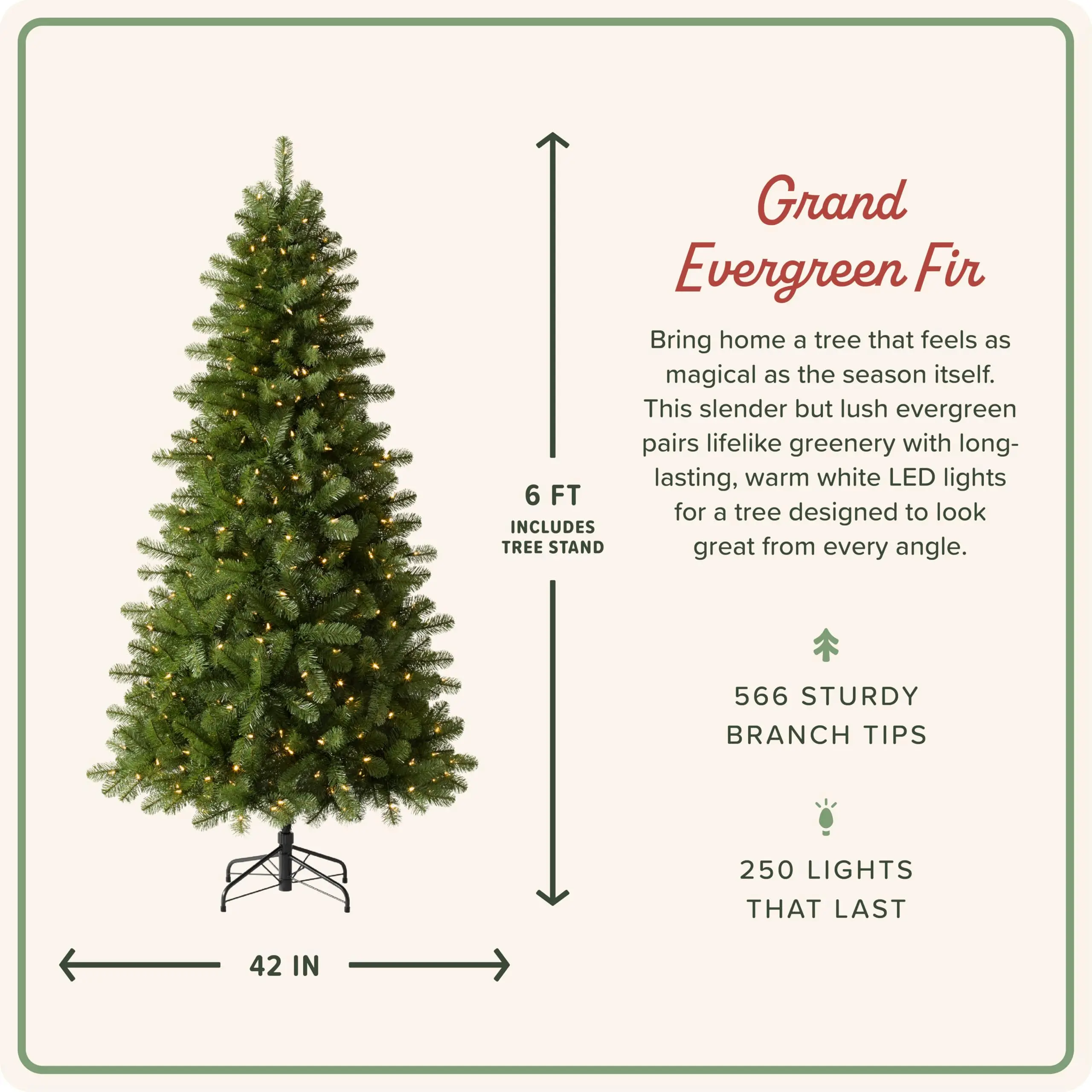 Grand Evergreen Fir - Artificial Indoor Christmas Tree, Prelit with LED Clear Lights, Hinged Branches, Holiday Décor