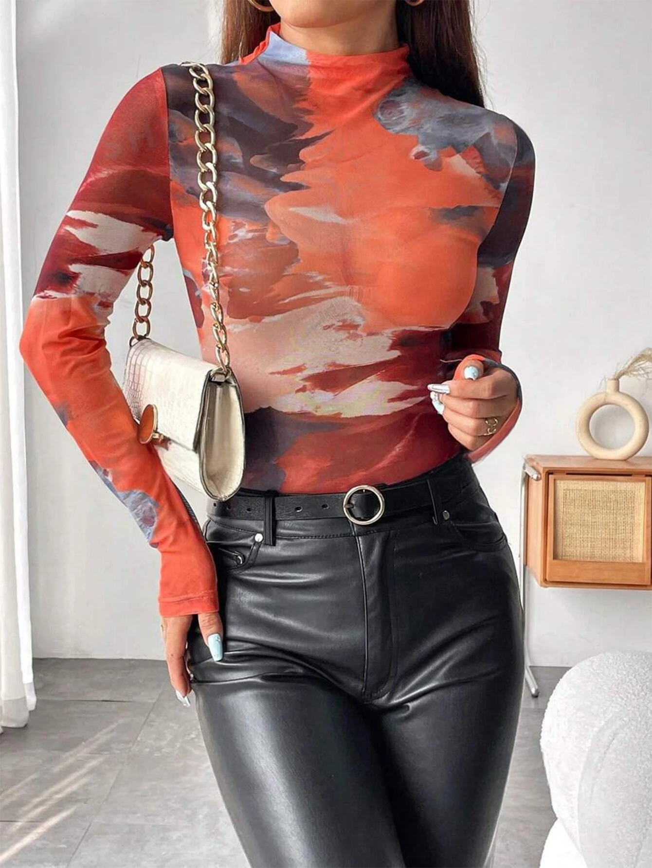 

Women's Autumn T-Shirts Casual Patchwork Long Flare Sleeve Mock Neck Skinny Fit Basic Top