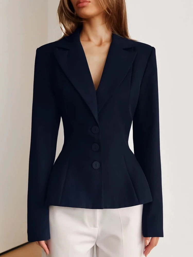 Autumn New Fashion Commuting Slim Blazer for Women Lapel Long Sleeve Single-breasted Pad Shoulder Waist Cincher Suit Jacket