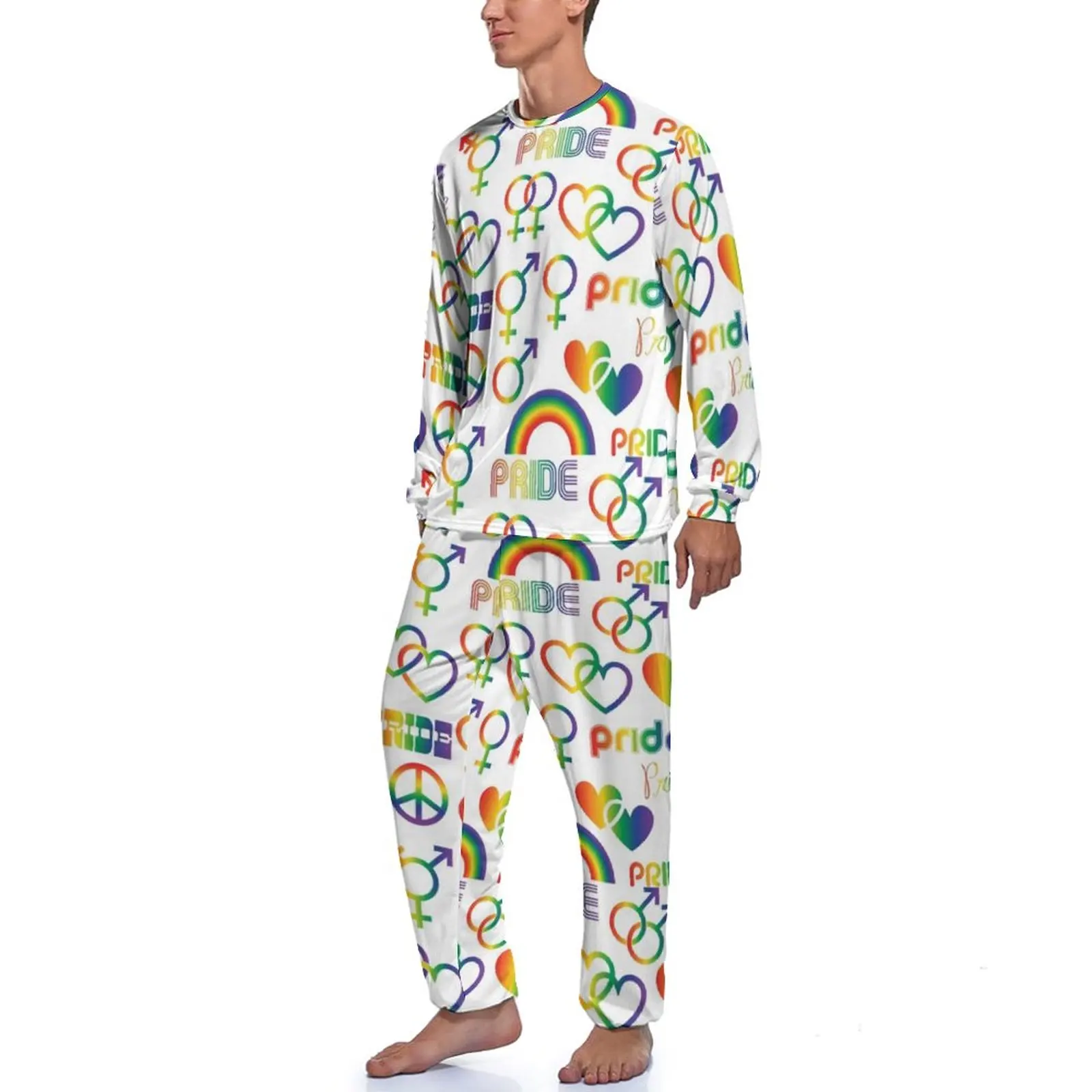 Gay Pride Pajamas Winter 2 Piece LGBT Love Retro Pajamas Set Men Long Sleeve Casual Custom Sleepwear