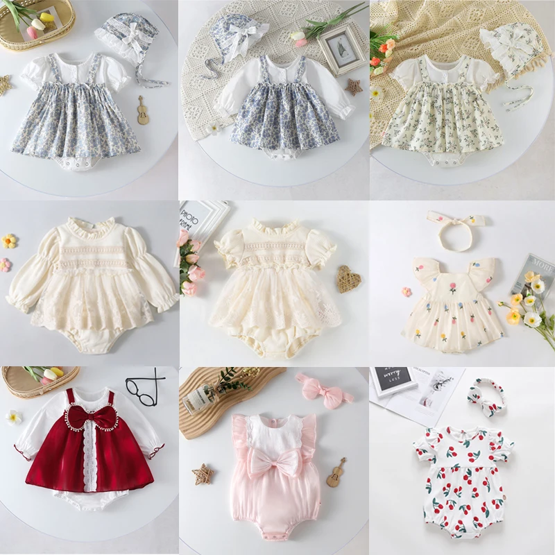 Summer New Baby set Dress Girl Baby Short Sleeve Dress with Headband Girl Flower Bubble Sleeve Clothes Sweet Bowknot Loose Cute