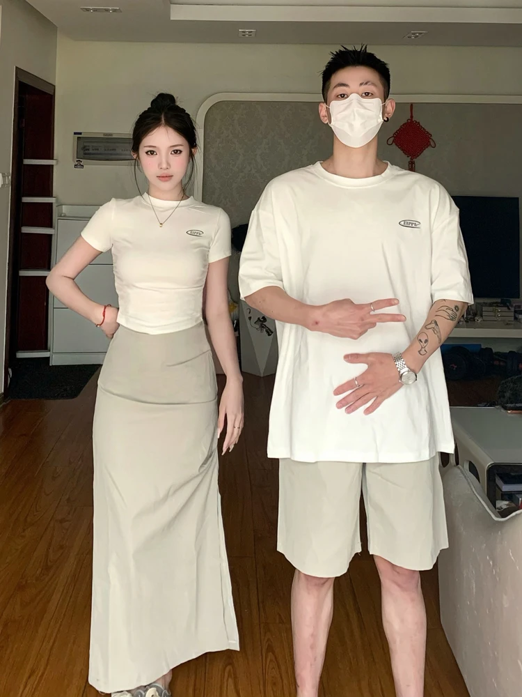 American Style Short Sleeve T-Shirt Couple's Special Design Summer High-End Feeling Set Skirt And Shirt Trendy Loose Fit Yout...