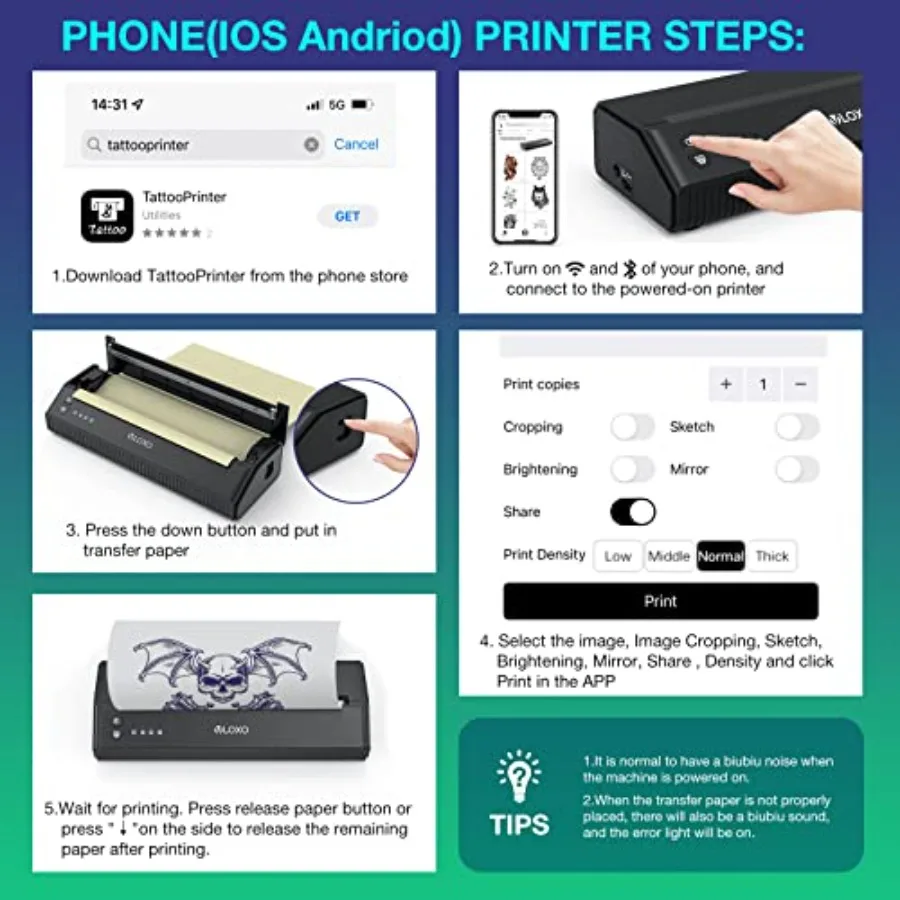 طابعة استنسل وشم لاسلكية محمولة مع اتصال بلوتوث لفناني الوشم OntheGo: نسخة نقل حراري لاسلكية