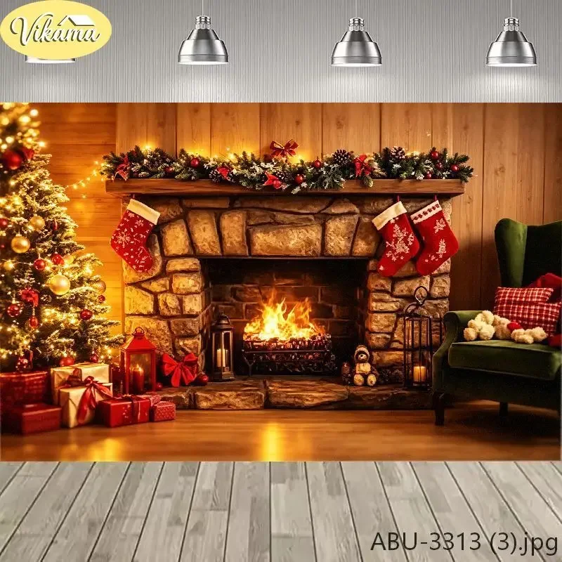 VIKAMA Photography Background Christmas Fireplace Armchair Plaid Backdrop for Party Birthday Photo Booth Home Decor