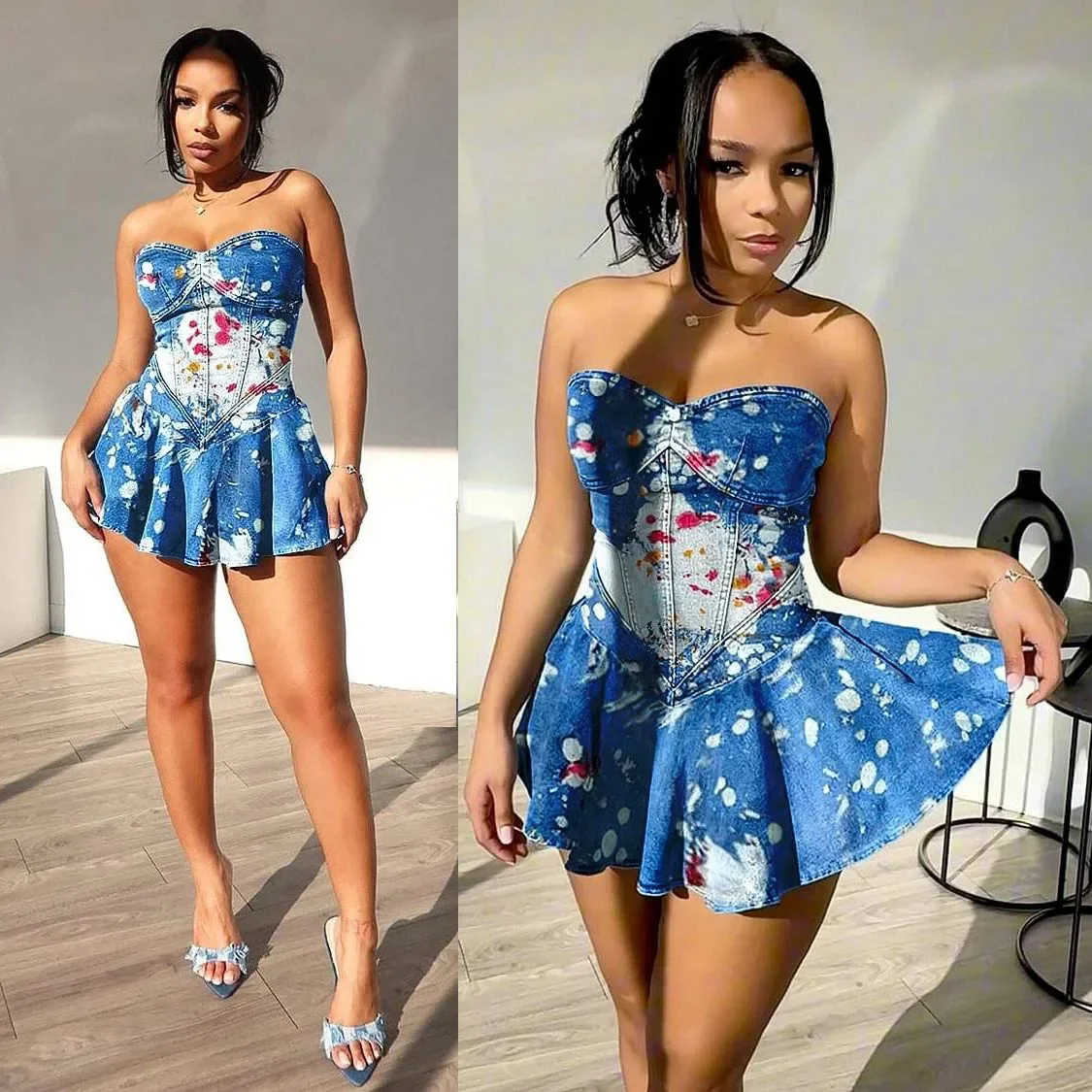 

Sexy Denim Pleat Dress Y2K Streetwear Elegant Luxury Mini Dress 2024 Women Summer Fashion Clothes Cute Jean Cargo Tie Dye Dress