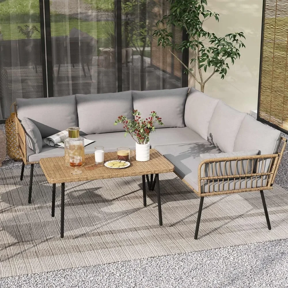 

4 Pieces Wicker Outdoor Conversation Set, Sectional L-Shaped Sofa with 5 Seater, Cushions, Side Table, Boho Detachable Lounger